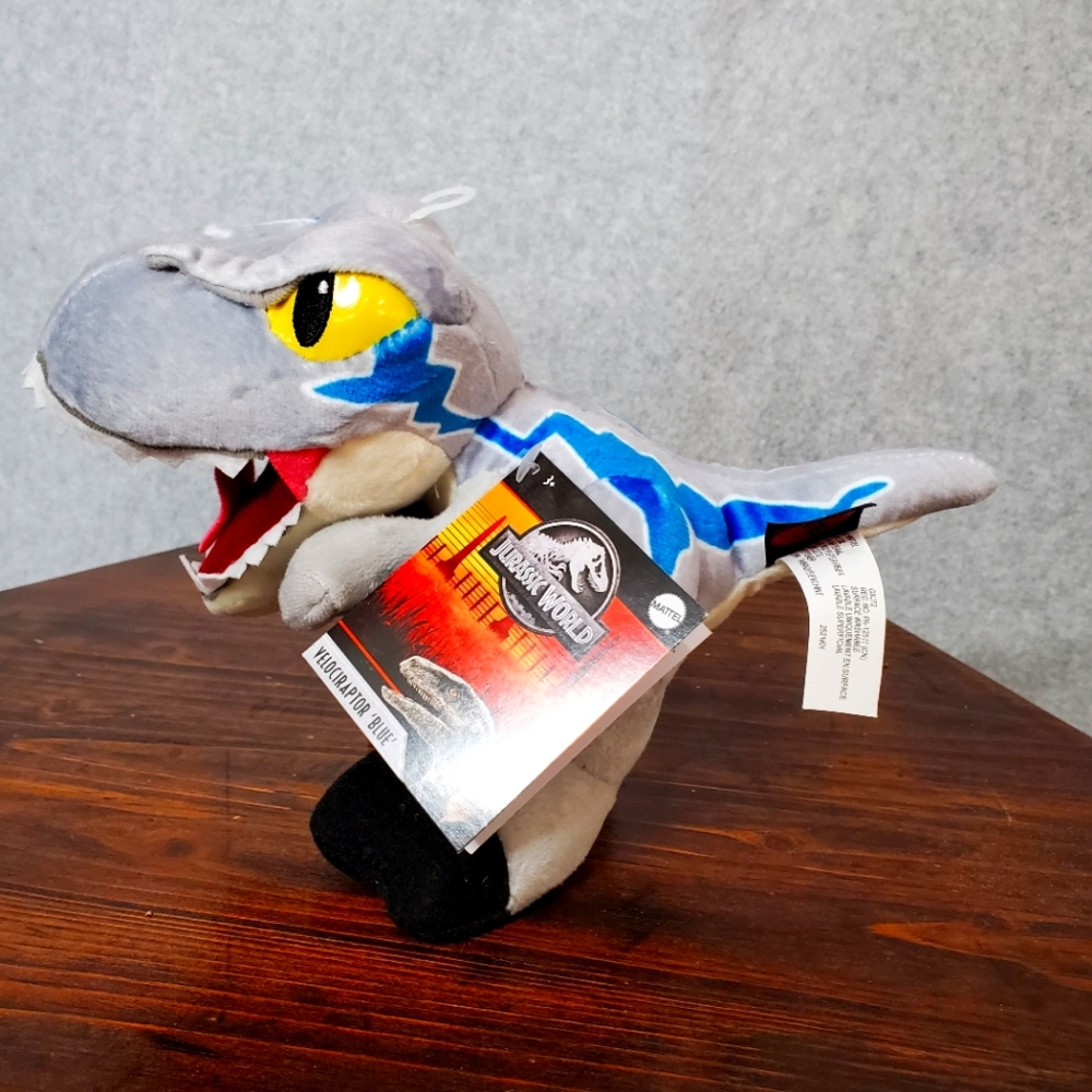 Jurassic World Velociraptor Blue Dinosaur Plush Mattel Gray White Black Yellow